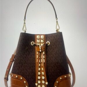 Michael Kors Dark Brown Bucket Shoulder Bag with Gold Accents